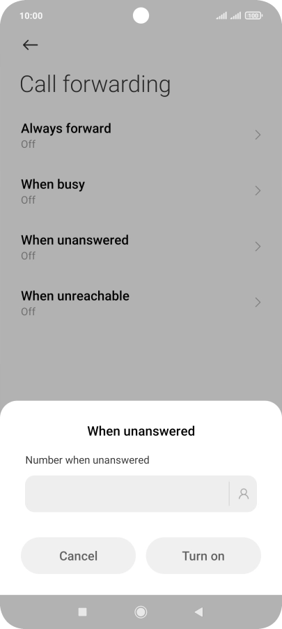 Key in (prefix) 5 (your phone number) and press Turn on.
