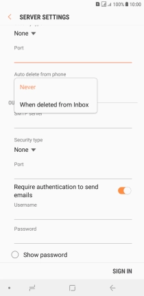 Press Never to keep email messages on the server when you delete them on your phone.