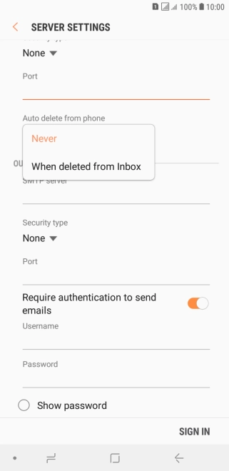 Press Never to keep email messages on the server when you delete them on your phone.