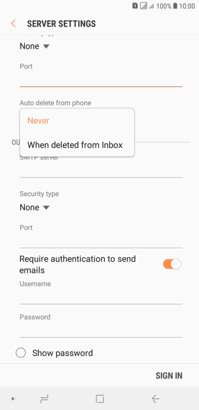 Press Never to keep email messages on the server when you delete them on your phone.