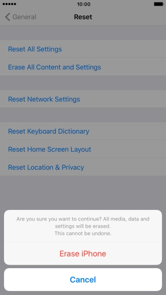 Press Erase iPhone. Wait a moment while the factory default settings are restored. 
Follow the instructions on the screen to set up your phone and prepare it for use.