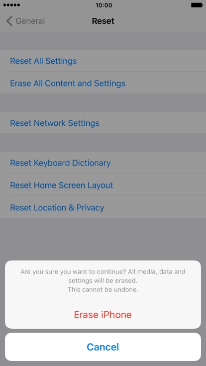 Press Erase iPhone. Wait a moment while the factory default settings are restored. 
Follow the instructions on the screen to set up your phone and prepare it for use.