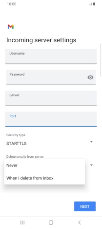 Press Never to keep email messages on the server when you delete them on your phone.