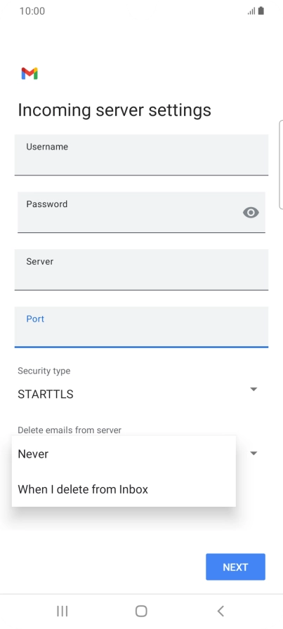 Press Never to keep email messages on the server when you delete them on your phone.