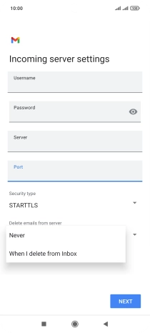 Press Never to keep email messages on the server when you delete them on your phone.