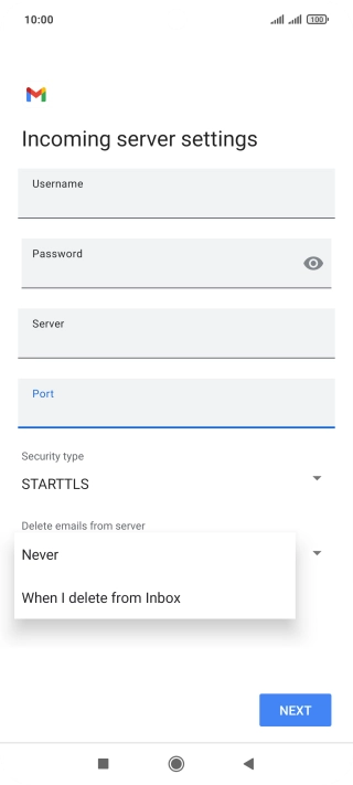 Press Never to keep email messages on the server when you delete them on your phone.