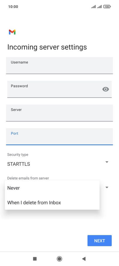 Press Never to keep email messages on the server when you delete them on your phone.