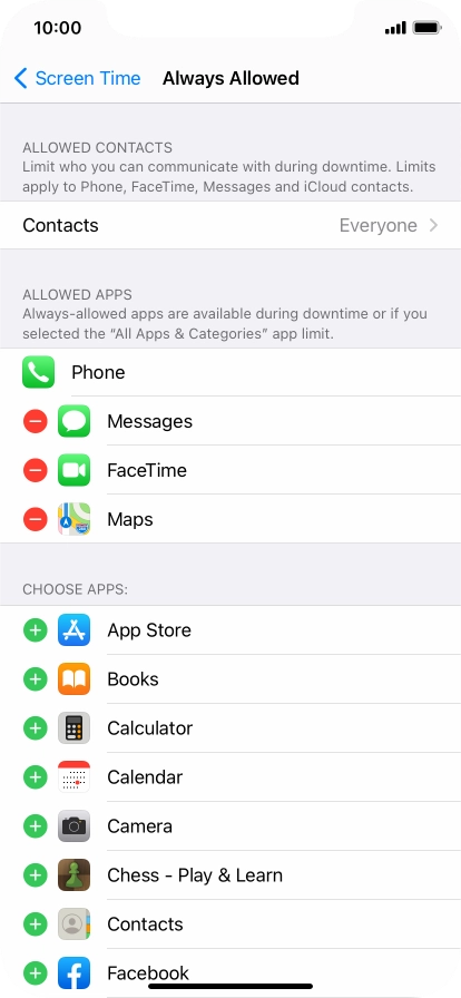 Press the add icon next to the required app to add it to the list of allowed apps during Downtime.