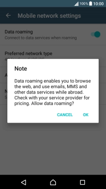 If you turn on data roaming, press OK.