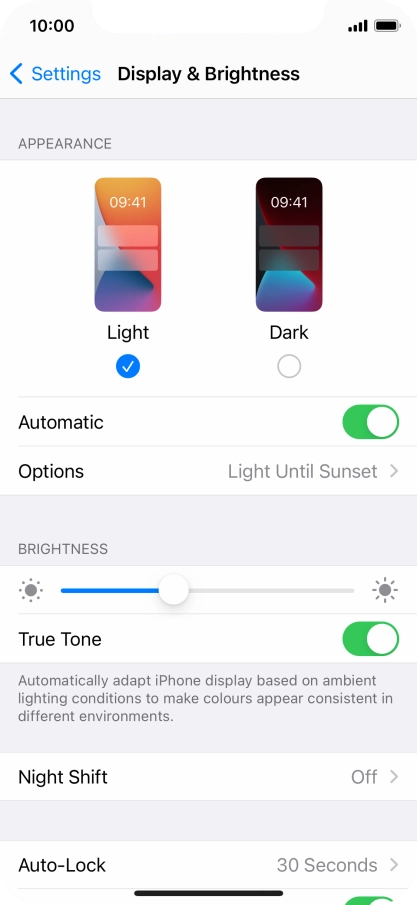 If you turn on the function, press Options and follow the instructions on the screen to select the required period of time for Dark Mode.