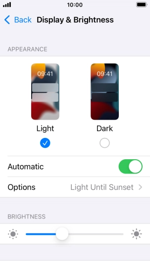 If you turn on the function, press Options and follow the instructions on the screen to select the required period of time for Dark Mode.
