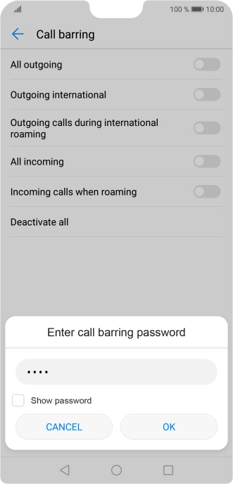 Key in your barring password and press OK. The default barring password is 0000.