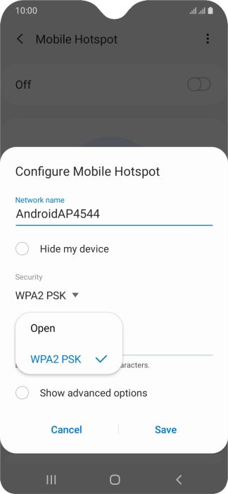 Press WPA2 PSK to password protect your Wi-Fi hotspot.