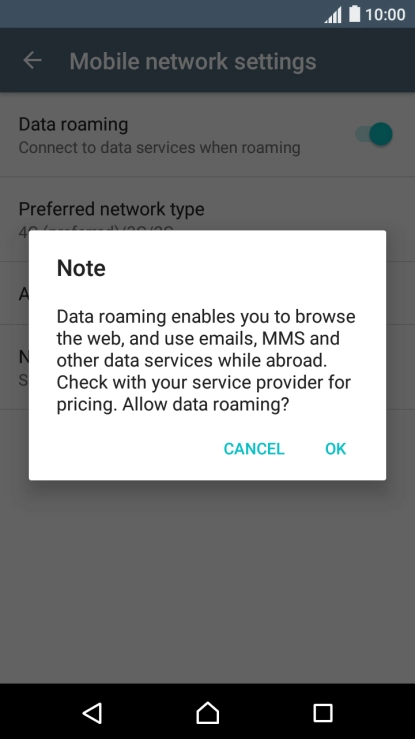 If you turn on data roaming, press OK.