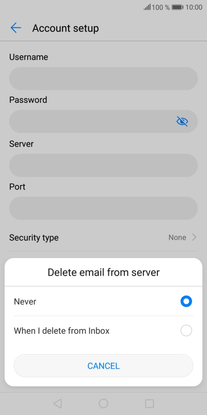 Press Never to keep email messages on the server when you delete them on your phone.