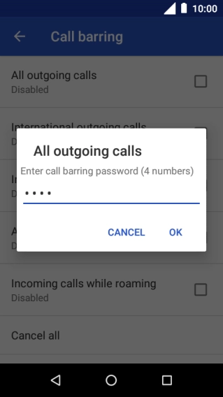 Key in your barring password and press OK. The default barring password is 0000.