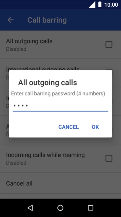 Key in your barring password and press OK. The default barring password is 0000.