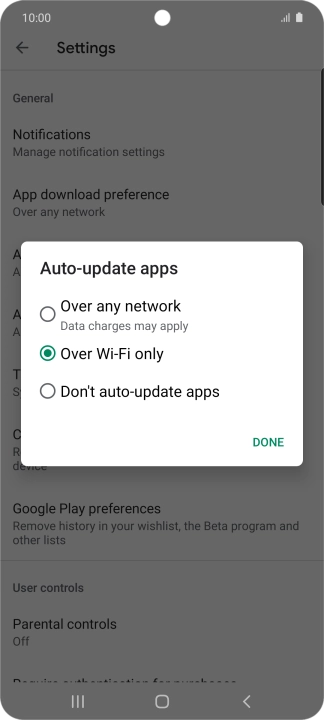 To turn on automatic update of apps using mobile network, press Over any network.