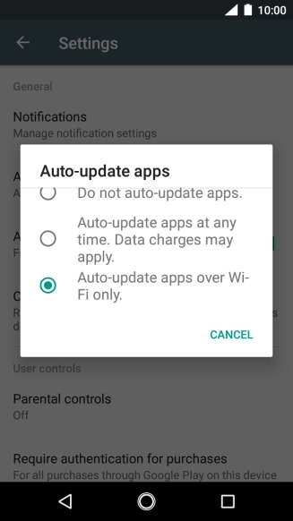 To turn on automatic update of apps using Wi-Fi, press Auto-update apps over Wi-Fi only..