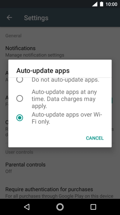 To turn on automatic update of apps using Wi-Fi, press Auto-update apps over Wi-Fi only..