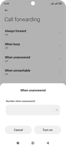 Key in (prefix) 5 (your phone number) and press Turn on.