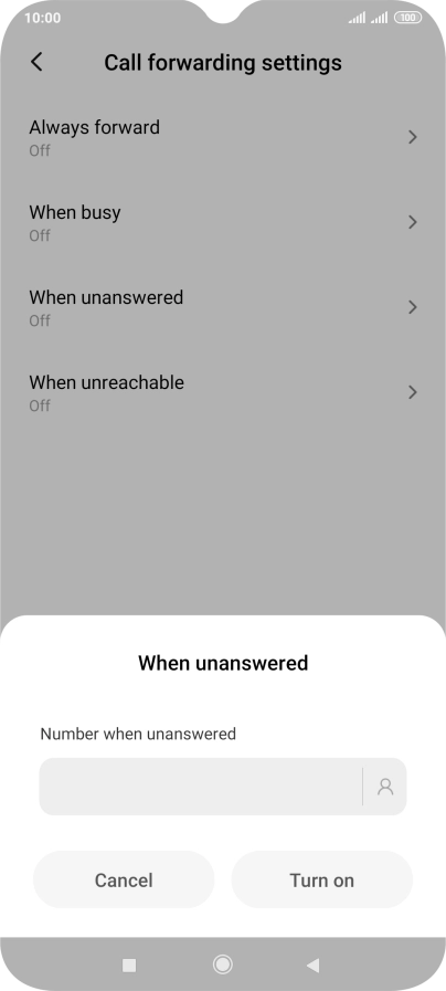 Key in (prefix) 5 (your phone number) and press Turn on.