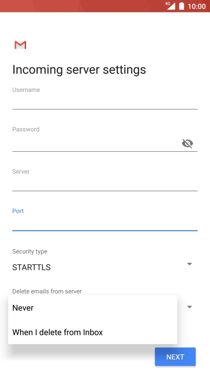 Press Never to keep email messages on the server when you delete them on your phone.