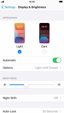 If you turn on the function, press Options and follow the instructions on the screen to select the required period of time for Dark Mode.