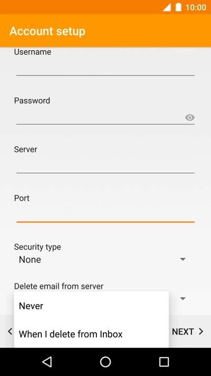 Press Never to keep email messages on the server when you delete them on your phone.