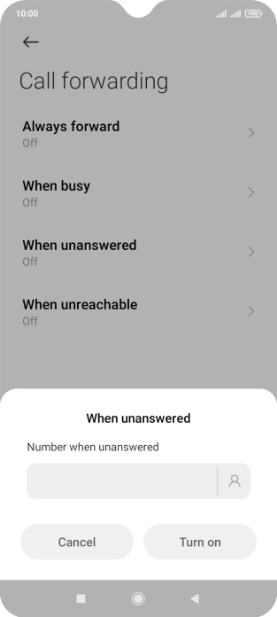 Key in (prefix) 5 (your phone number) and press Turn on.
