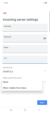 Press Never to keep email messages on the server when you delete them on your phone.