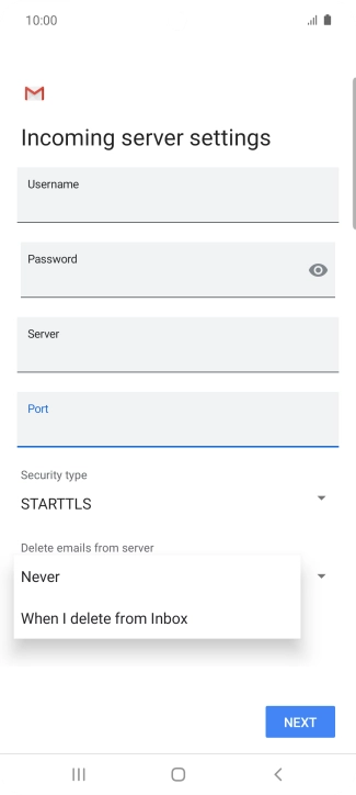 Press Never to keep email messages on the server when you delete them on your phone.