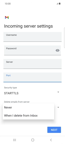 Press Never to keep email messages on the server when you delete them on your phone.