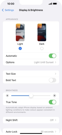 If you turn on the function, press Options and follow the instructions on the screen to select the required period of time for Dark Mode.