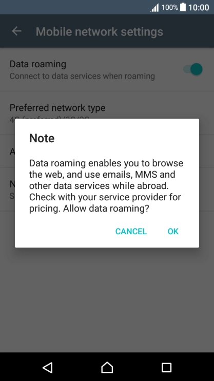If you turn on data roaming, press OK.