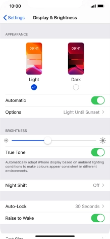 If you turn on the function, press Options and follow the instructions on the screen to select the required period of time for Dark Mode.