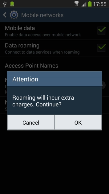 If you turn on data roaming, press .
