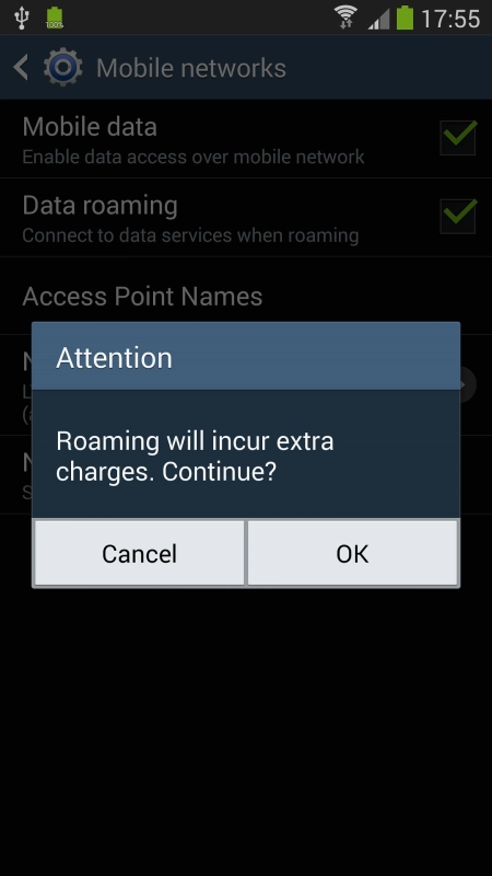 If you turn on data roaming, press .