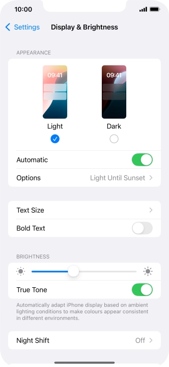 If you turn on the function, press Options and follow the instructions on the screen to select the required period of time for Dark Mode.