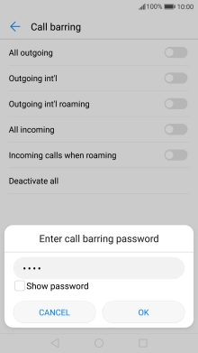 Key in your barring password and press OK. The default barring password is 0000.