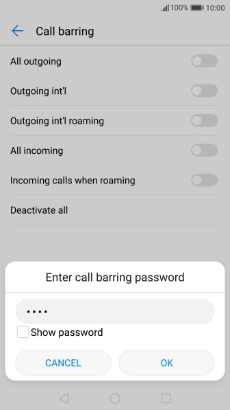 Key in your barring password and press OK. The default barring password is 0000.