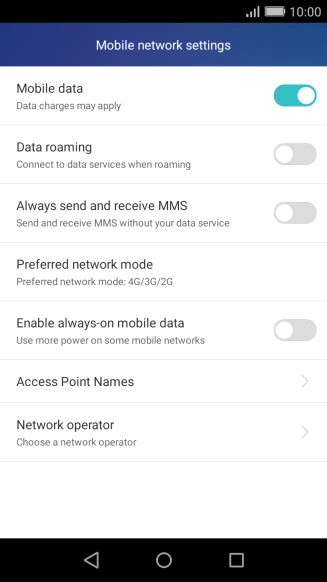 Press Data roaming to turn the function on or off.