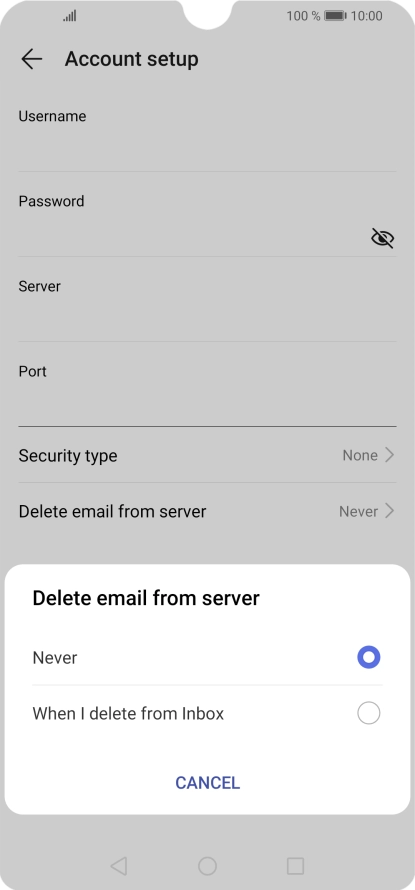 Press Never to keep email messages on the server when you delete them on your phone.