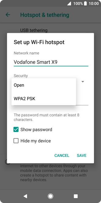 Press WPA2 PSK to password protect your Wi-Fi hotspot.