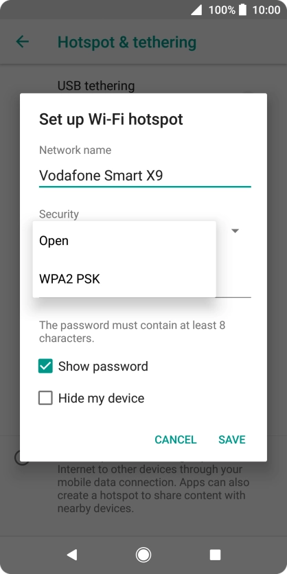 Press WPA2 PSK to password protect your Wi-Fi hotspot.