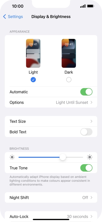 If you turn on the function, press Options and follow the instructions on the screen to select the required period of time for Dark Mode.
