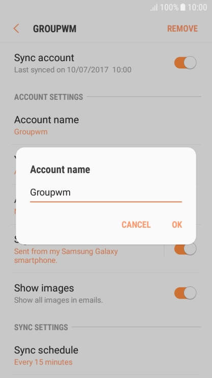 Key in the required name for the email account and press OK.