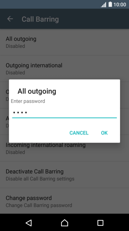 Key in your barring password and press OK. The default barring password is 0000.