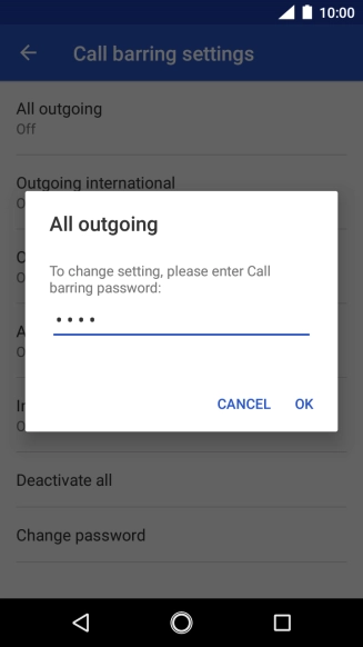 Key in your barring password and press OK. The default barring password is 0000.