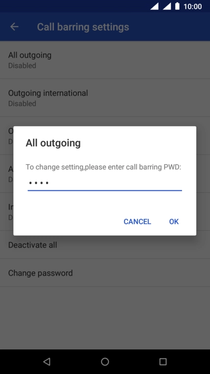 Key in your barring password and press OK. The default barring password is 0000.